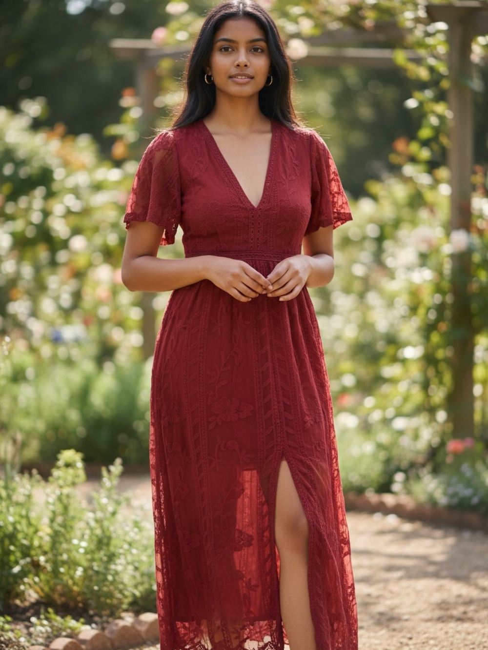 gimmicks by BKE Wine-Red Lace V-Neck Maxi Dress
